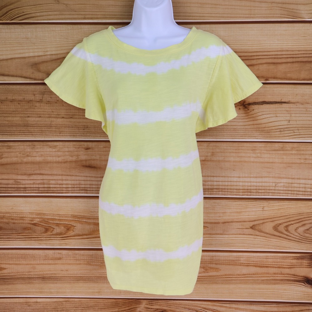 Isabel Maternity T-Shirt Womens Sz M Yellow White Striped Flutter Sleeves Ruched